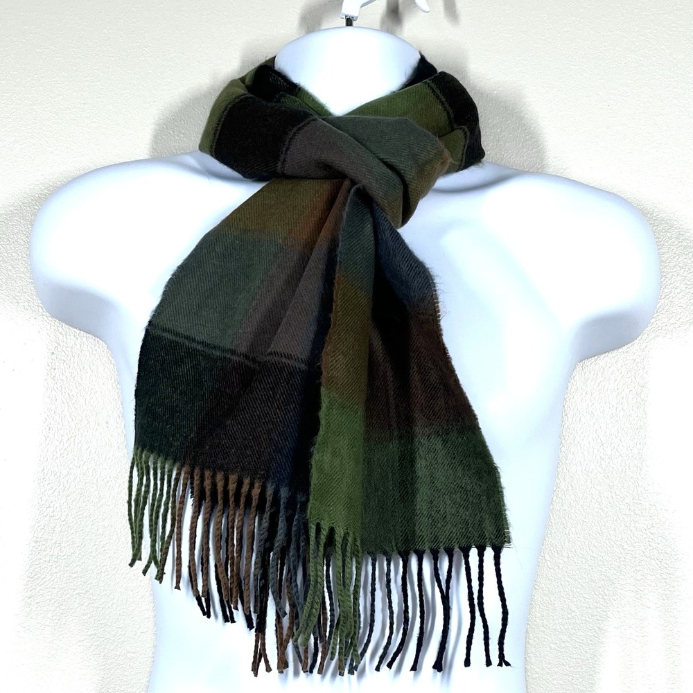 100% Scotland Cashmere Rectangular Scarf Gray Olive Burgundy Plaid Quiet Luxury